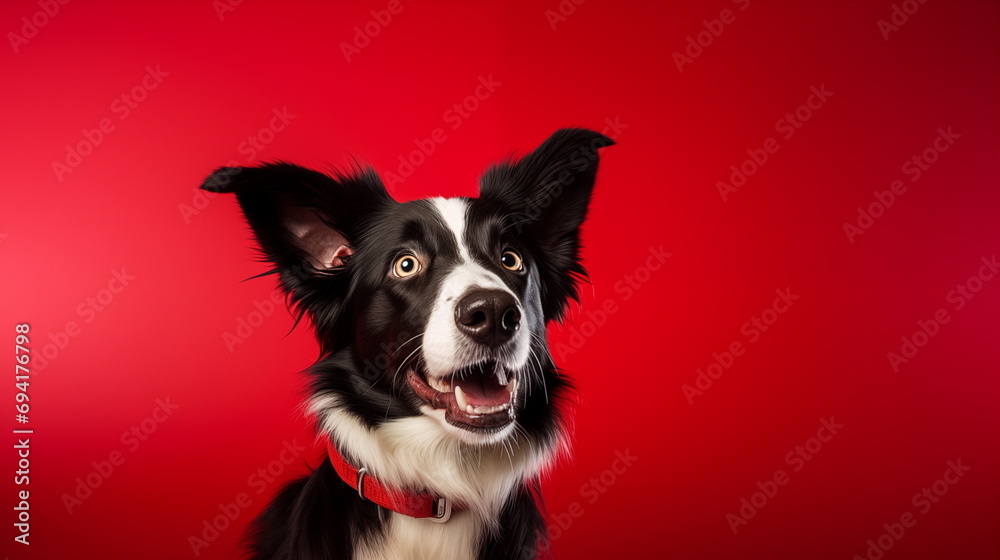 Border Collie with Opened Mouth in a Red Collar on a Red Background Looking Up. Studio Close-up Photo of a Waiting Border Collie Dog on a Red Plain Background