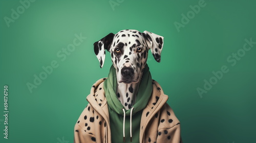 Cool Dalmatian Dog Dressed in a Green Hoodie and Spotted Coat on a Green Background. Creative Studio Close-up Photo of a Dalmatian Dog Dressed as Human on a Plain Background. © Milan