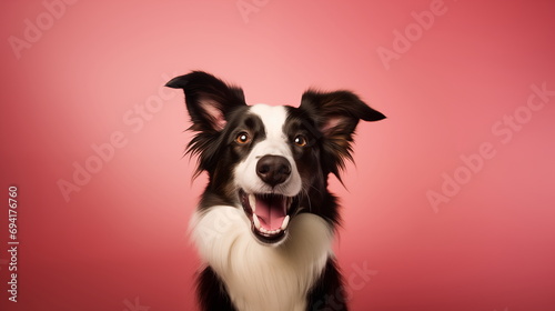 Happy and Excited Border Collie with Opened Mouth on a Pastel Red Background. Studio Close-up Photo of a Border Collie Dog on a Pastel Red Plain Background
