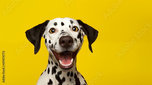 Happy and Exited Dalmatian Dog on a Yellow Background. Studio Close-up Photo of a Dalmatian Puppy with opened mouth on a Plain Background © Milan