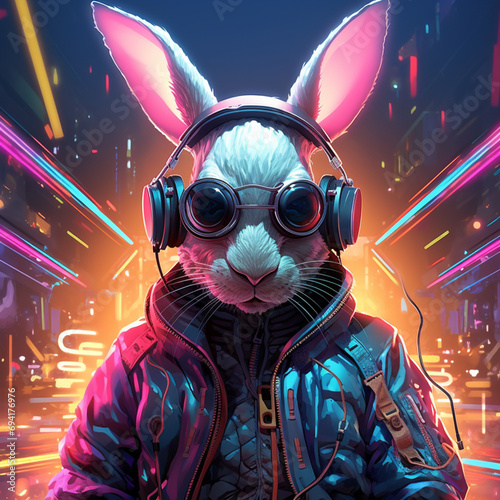 Cyber bunny dj in action Cyberpunk, Generative AI photo