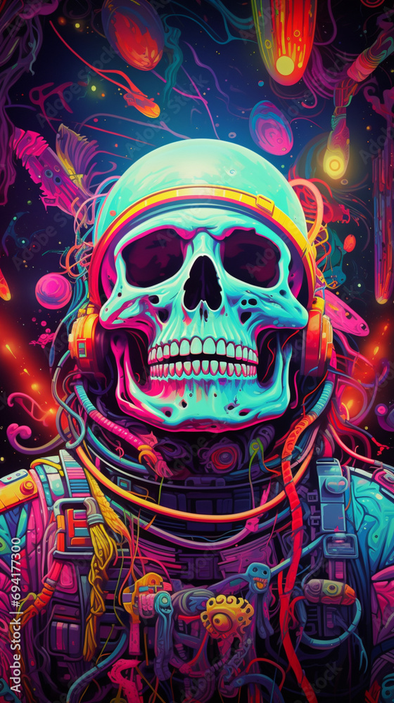 Skeleton Astronaut in Space Colorful, Generative AI
