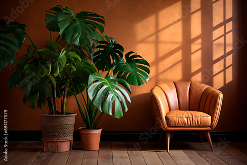 Mid-century modern living room: Natural wood furniture, warm brown-painted walls, and a corner adorned with a monstera plant for a cozy and stylish ambiance.