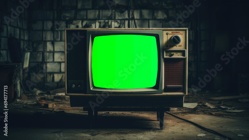 An old TV set in a old scary room with green screen, compositing, chroma key photo