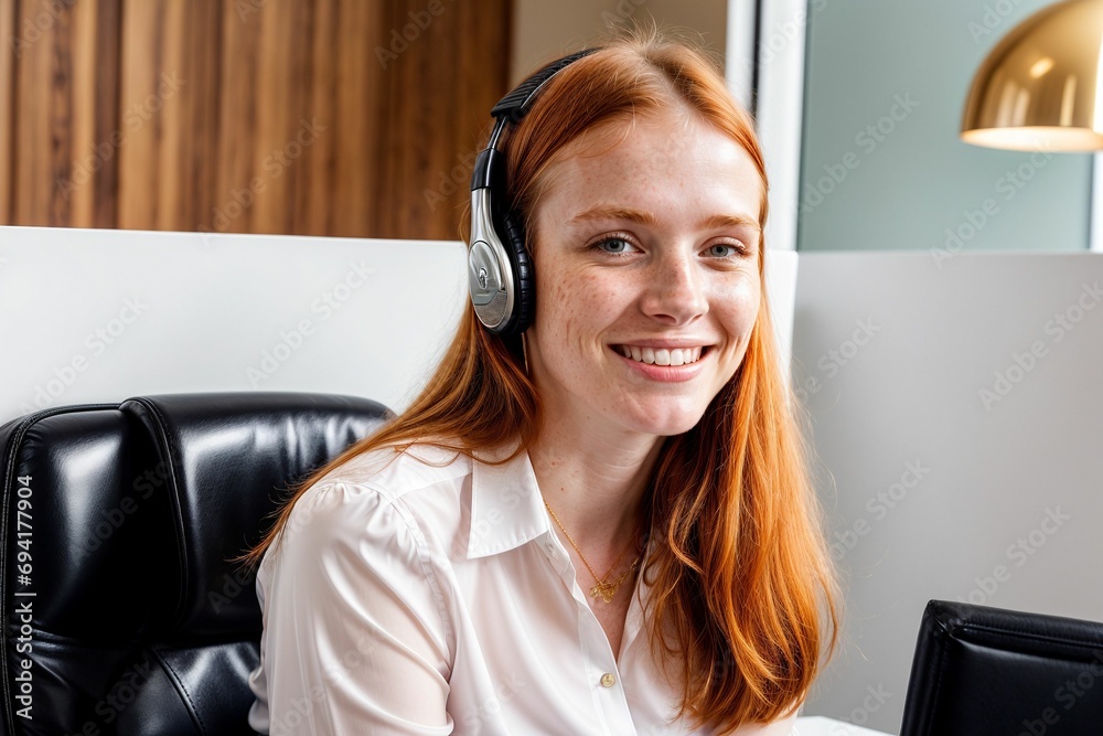 Pretty red haired ginger Customer Service agent on phone while showing on webcam, Professional receptionist Pretty red haired ginger Customer Service agent on phone while showing on webcam, Professional receptionist