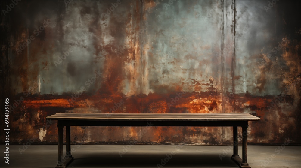 An elegantly designed antique table, set against a backdrop of a weathered and distressed metallic wall. The patina and textured surface of the table add to the vintage charm, interiors and design An elegantly designed antique table, set against a backdrop of a weathered and distressed metallic wall. The patina and textured surface of the table add to the vintage charm, interiors and design