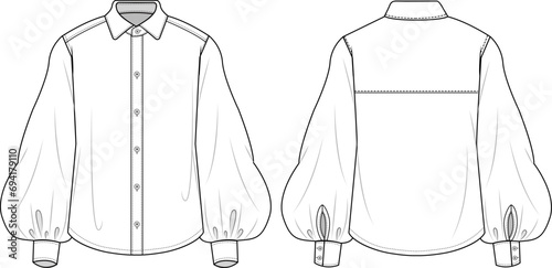 Women puff sleeve blouse style blouse flat sketch vector illustration front and back view technical drawing apparel template. CAD mockup. photo