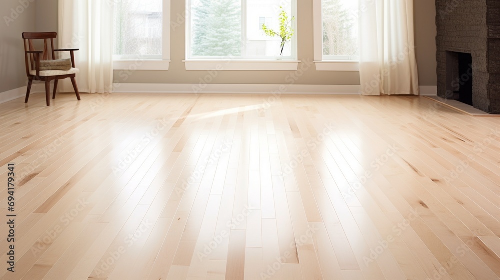 Fototapeta premium Maple hardwood floor with a light, creamy color and subtle grain, creating a bright and airy ambiance in the interior