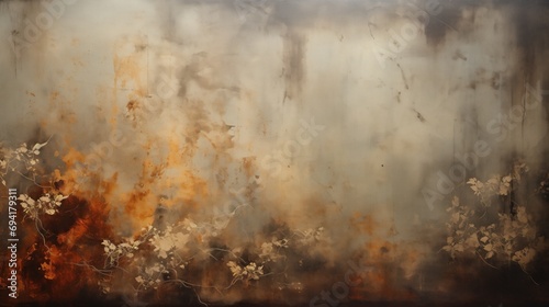 A dramatic and atmospheric abstract wall art capturing the essence of smoke-like textures on a metal surface. The warm, moody tones and elegant botanical silhouettes, expressive piece of fine art,  photo