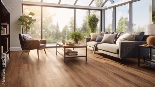 Luxury Vinyl Plank Flooring with a realistic wood grain texture, capturing the warmth and natural beauty of hardwood in a durable and versatile vinyl format photo
