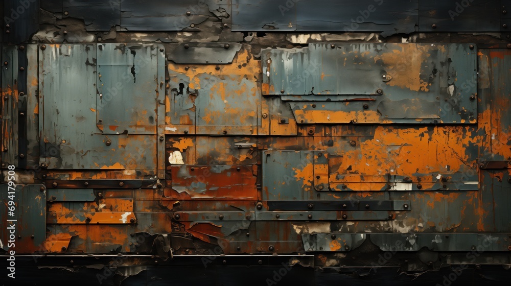 a complex pattern of weathered and rusted metal panels. The textured surface features a vibrant contrast between shades of orange rust and muted blues, highlighting the natural process of decay a complex pattern of weathered and rusted metal panels. The textured surface features a vibrant contrast between shades of orange rust and muted blues, highlighting the natural process of decay
