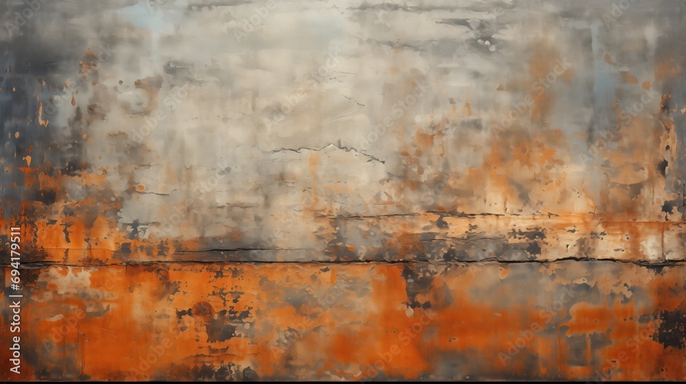 An expressive abstract featuring weathered rust and an industrial decay aesthetic, with a warm orange gradient creating a bold and atmospheric backdrop for contemporary spaces.