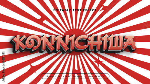 Konnichiwa white and red 3d editable text effect - font style. Japan japanese text effect
