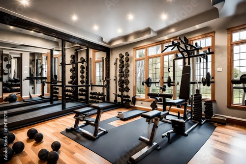 A luxury home gym with a variety of exercise equipment.  photo