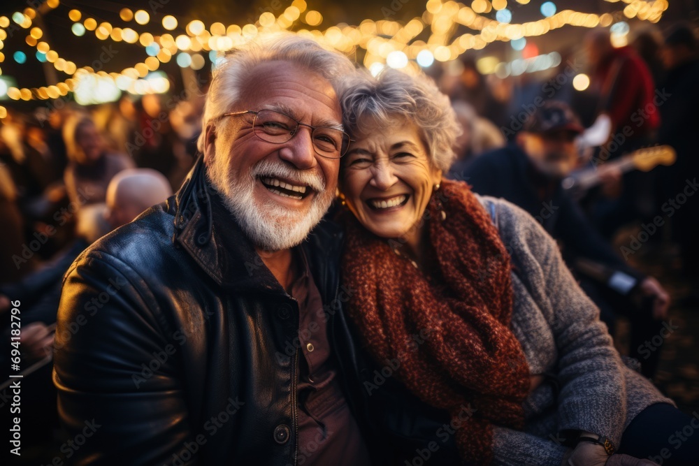 Cheerful senior friends enjoying outdoor night concert in city