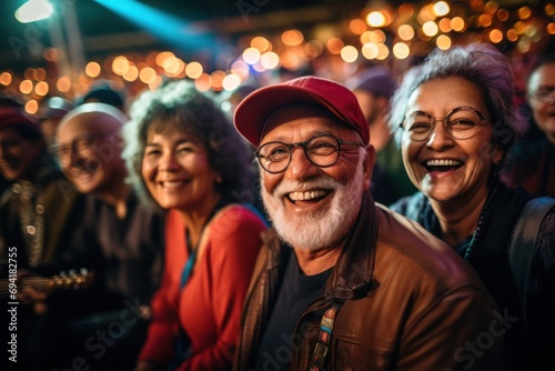 Cheerful senior friends enjoying outdoor night concert in city