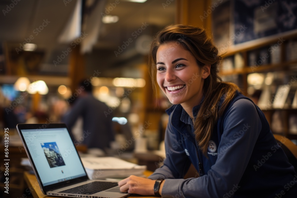 Happy IT technician working at the office using her laptop