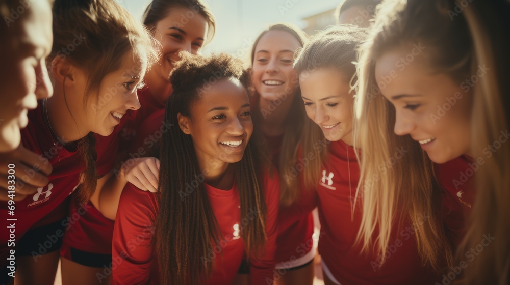 women's football team Red is happy to win the football match. women's football team Red is happy to win the football match.