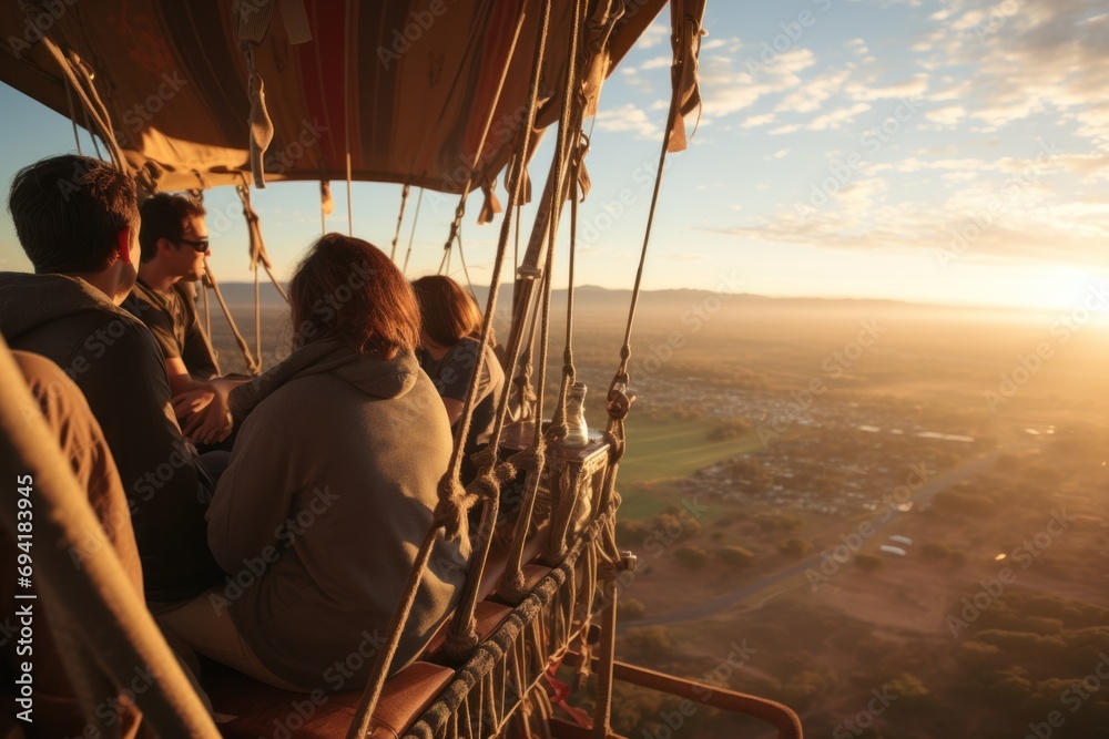 Wide shot of family and friends on early morning hot air balloon - obrazy, fototapety, plakaty 