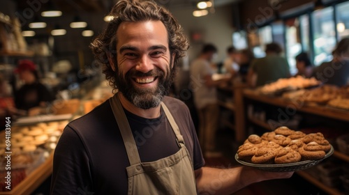 Wide shot of smiling pastry shop owner greeting customers from shop photo