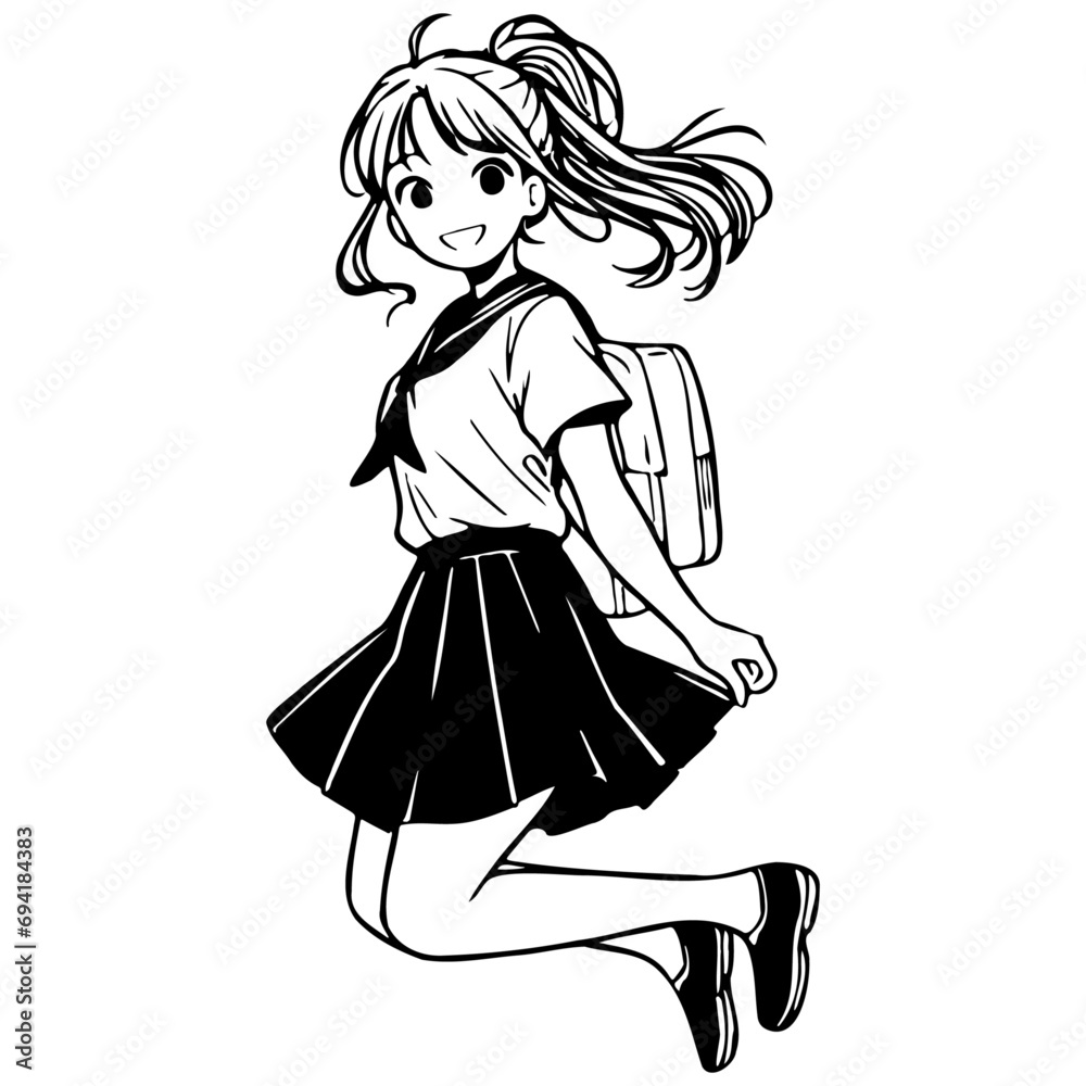 High School Female Student Jumping Sketch Drawing. High School Female Student Jumping Sketch Drawing.