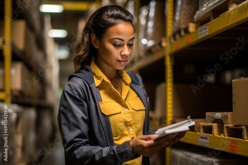 Young woman using the digital tablet in a warehouse © sirisakboakaew