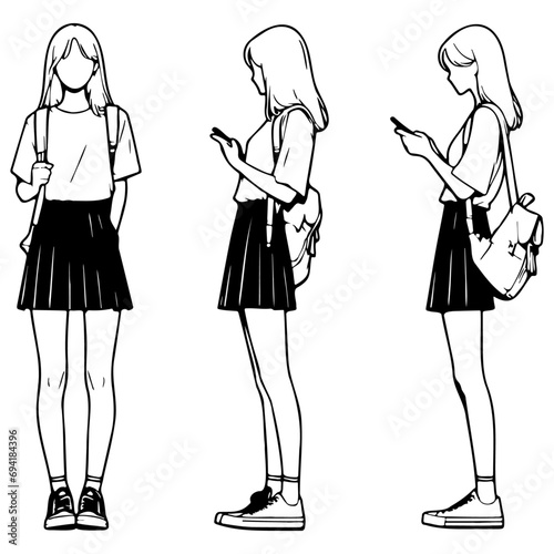 High School Female Student Use Cellphone Sketch Drawing.