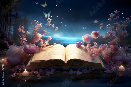 World Poetry Day magic: Open book, ethereal dusk, poetic symbols—a serene invitation to immerse in words' enchanting beauty.