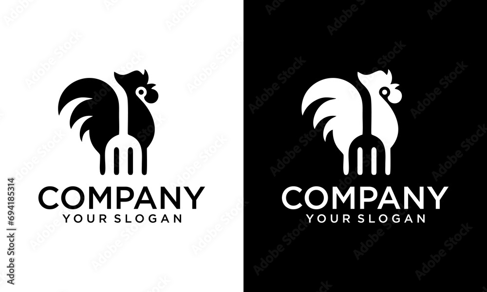 Creative Chicken/Rooster with negative space fork symbol creative ideas logo icon sign symbol design. rooster food logo design, silhouette rooster with fork logo concept - obrazy, fototapety, plakaty 