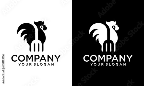 Creative Chicken/Rooster with negative space fork symbol creative ideas logo icon sign symbol design. rooster food logo design, silhouette rooster with fork logo concept photo