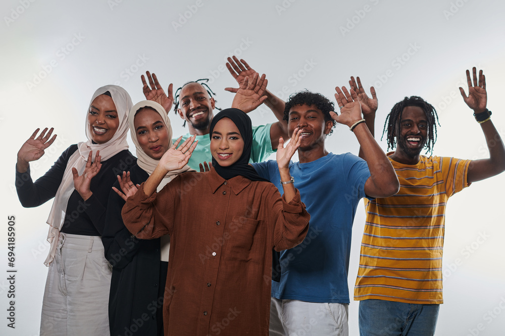A jubilant and diverse group, including an African American man and hijab-wearing girls, exuberantly wave and celebrate, embodying the vibrancy of student life against a white backdrop, symbolizing A jubilant and diverse group, including an African American man and hijab-wearing girls, exuberantly wave and celebrate, embodying the vibrancy of student life against a white backdrop, symbolizing