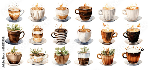 Coffee cup set. Hand drawn watercolor illustration on white background