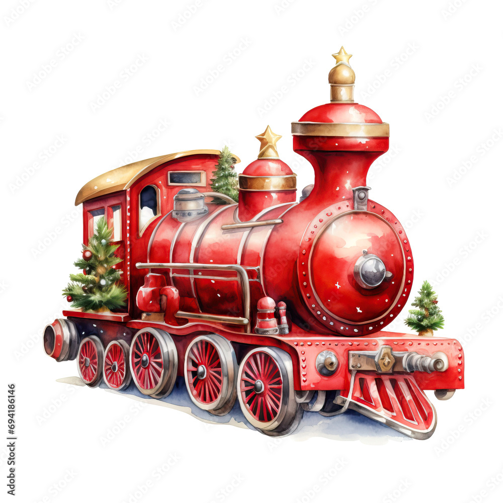 Christmas toy train isolated on white background. Watercolor hand drawn illustration
