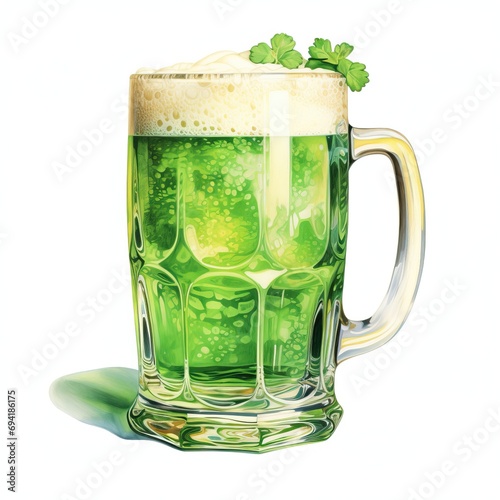 Watercolor illustration of a glass of green beer with clover leaves