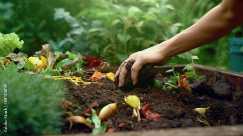 Close-up photo of hands meticulously turning compost in a garden compost bin