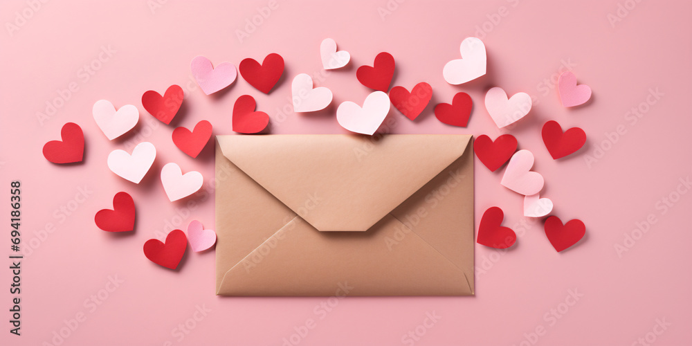 A kraft envelope surrounded by red and white paper hearts on a soft pink background, ideal for Valentine's Day or romantic celebrations. A kraft envelope surrounded by red and white paper hearts on a soft pink background, ideal for Valentine's Day or romantic celebrations.