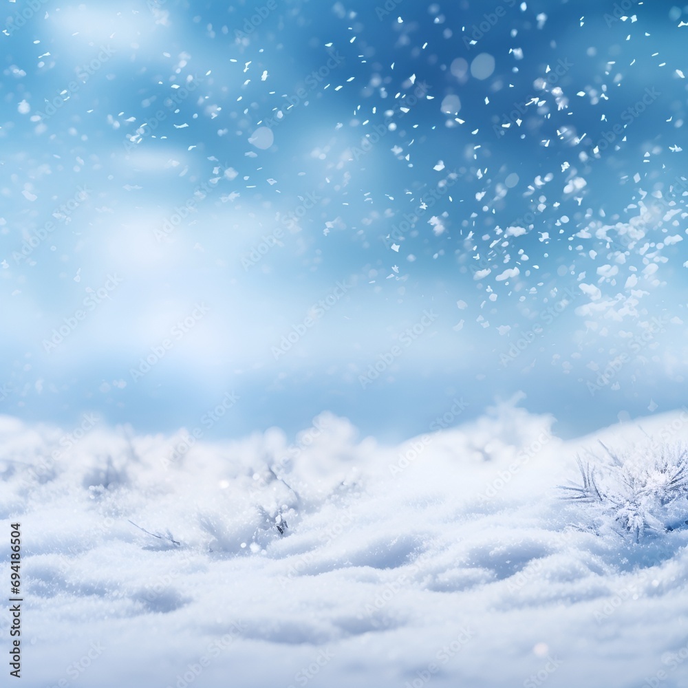 Winter background with snowflakes, snowy ground, blue sky