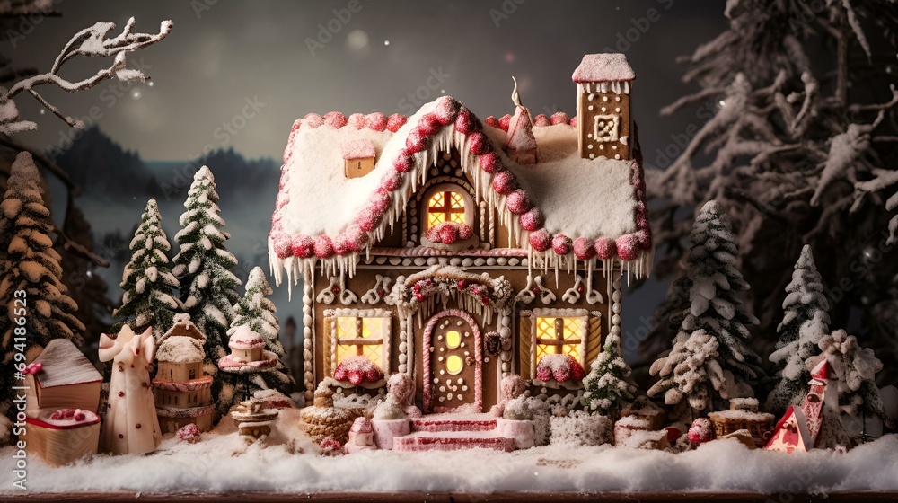 Obraz premium Miniature House, Snowy Winter Christmas