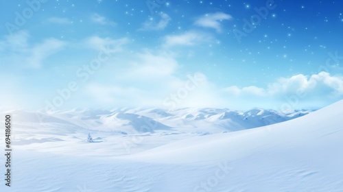 Winter background with snowflakes, snowy ground, blue sky