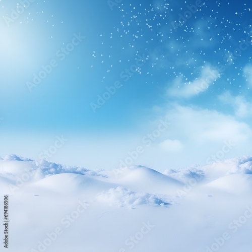 Winter background with snowflakes, snowy ground, blue sky