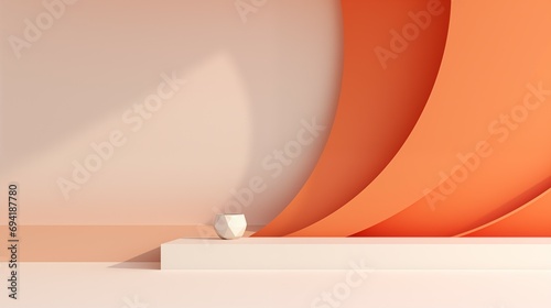 A white podium with a curved orange wall background.
 photo