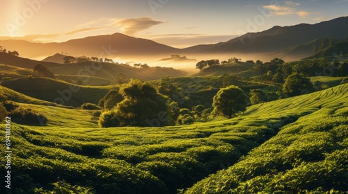 A panoramic view of a hillside tea estate bathed in the warm hues of a sunrise