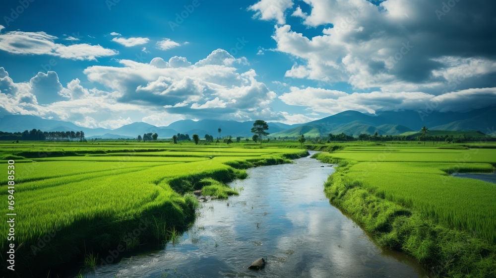 A serene river meanders through a rice field beneath a clear and sunny sky A serene river meanders through a rice field beneath a clear and sunny sky