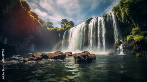 The majesty of a waterfall enveloped in vibrant rainbows within the mist of its cascading waters photo