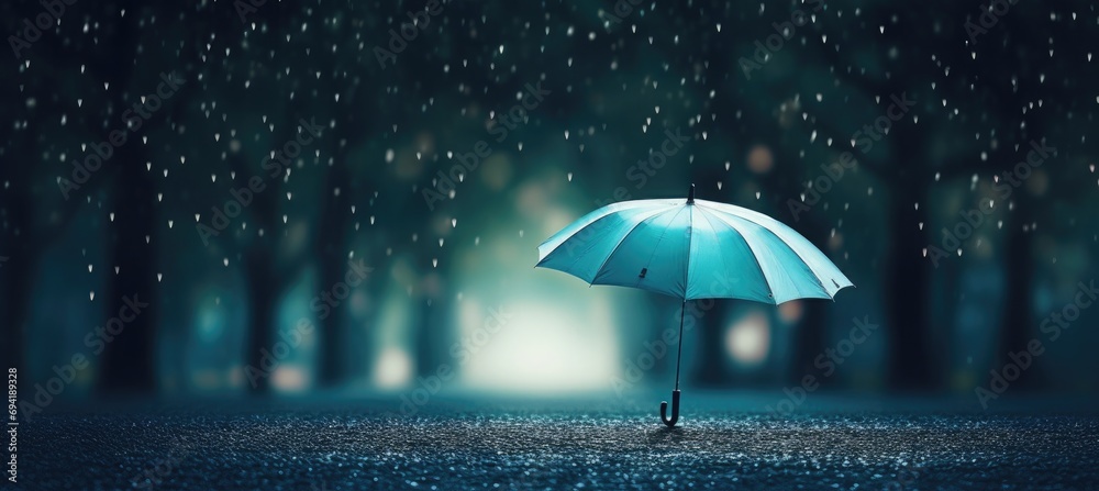 Rainy Elegance: Dark Blue Umbrella with Rainfall, Stylish Rainy Scene, Atmospheric Aesthetics, Weather Mood, Monochromatic Elegance, Urban Rain, Umbrella in the Rain, 