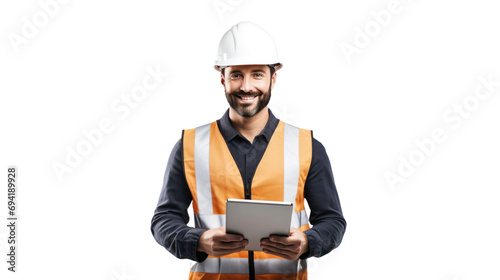 Happy smart engineer man smiling isolated without background. photo