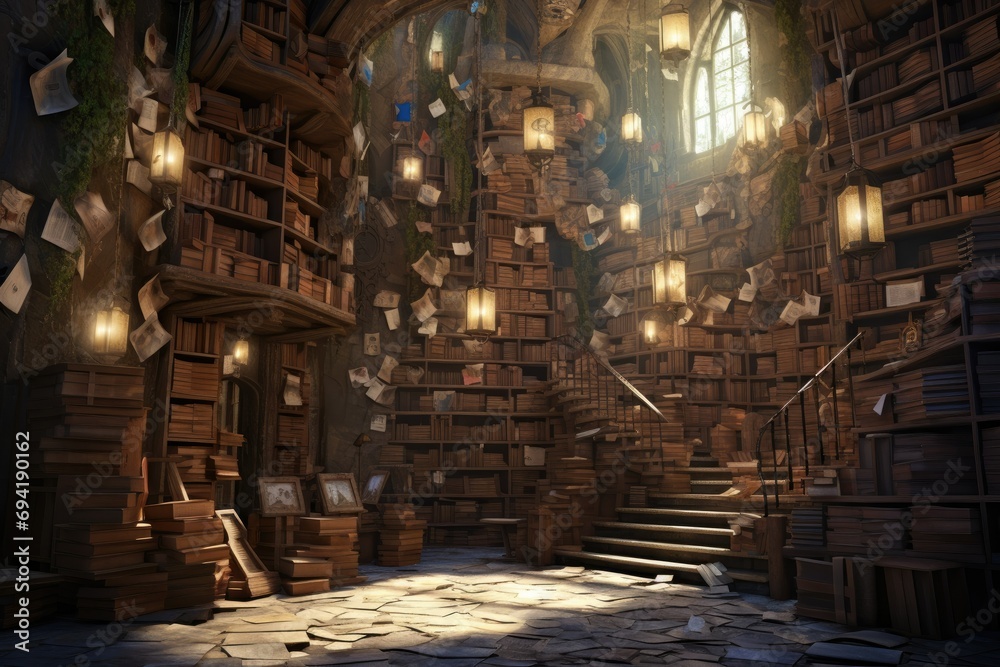 Magic library in fairy tales, ancient library, dreamy and imaginative library - obrazy, fototapety, plakaty 