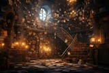 Magic library in fairy tales, ancient library, dreamy and imaginative library