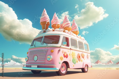 Fantasy and imaginative 3D ice cream truck, ice cream truck, ice cream advertisement