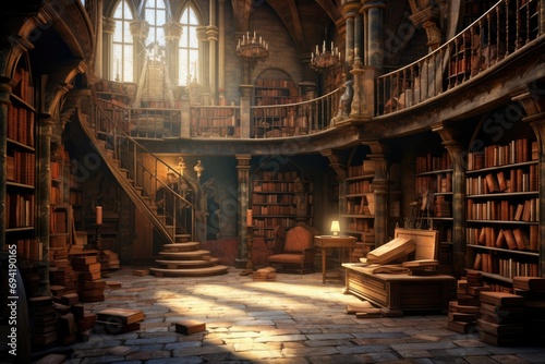 Magic library in fairy tales, ancient library, dreamy and imaginative library